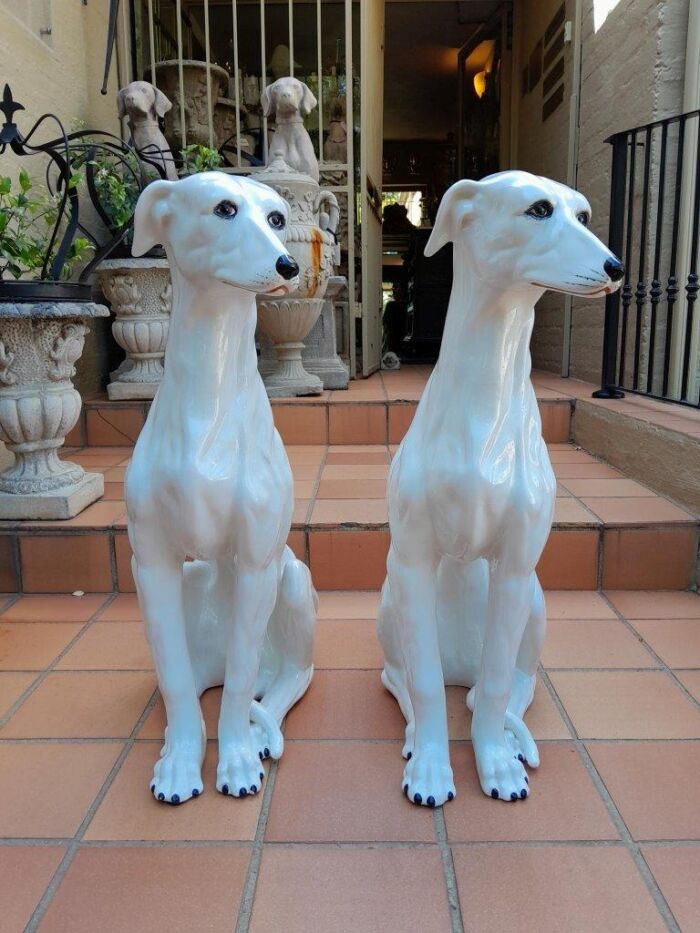 A 20TH Century Circa 1950s Pair of Large Signed White Ceramic Greyhounds Signed with Initials of Maker 