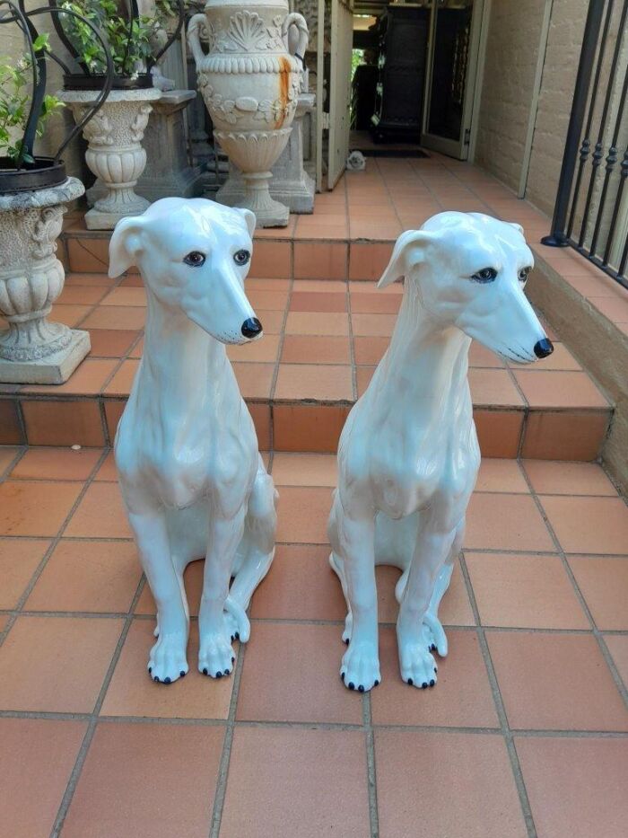 A 20TH Century Circa 1950s Pair of Large Signed White Ceramic Greyhounds Signed with Initials of Maker  - Image 2