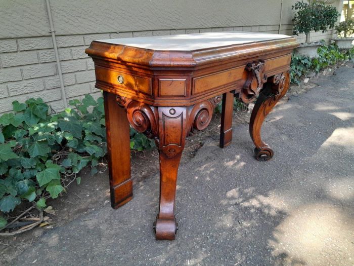 An Antique Victorian Circa 1850s Carved Rosewood Console Table with Cream Marble Top - Image 3