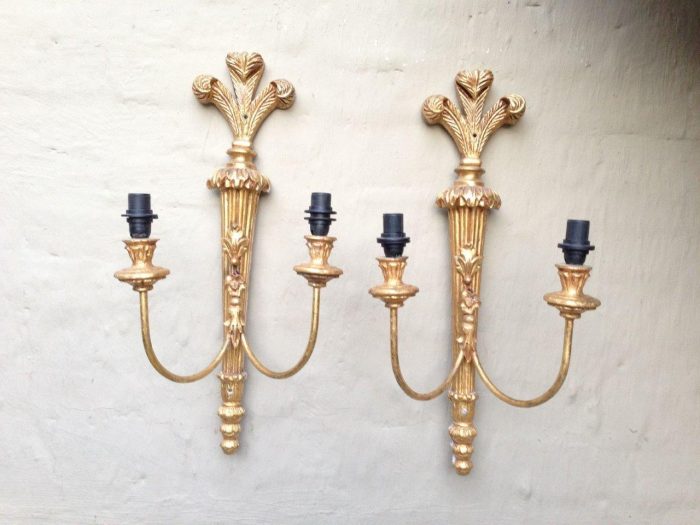 Pair of Carved and Gilded Double Arm Wooden Wall Sconce Lights                     