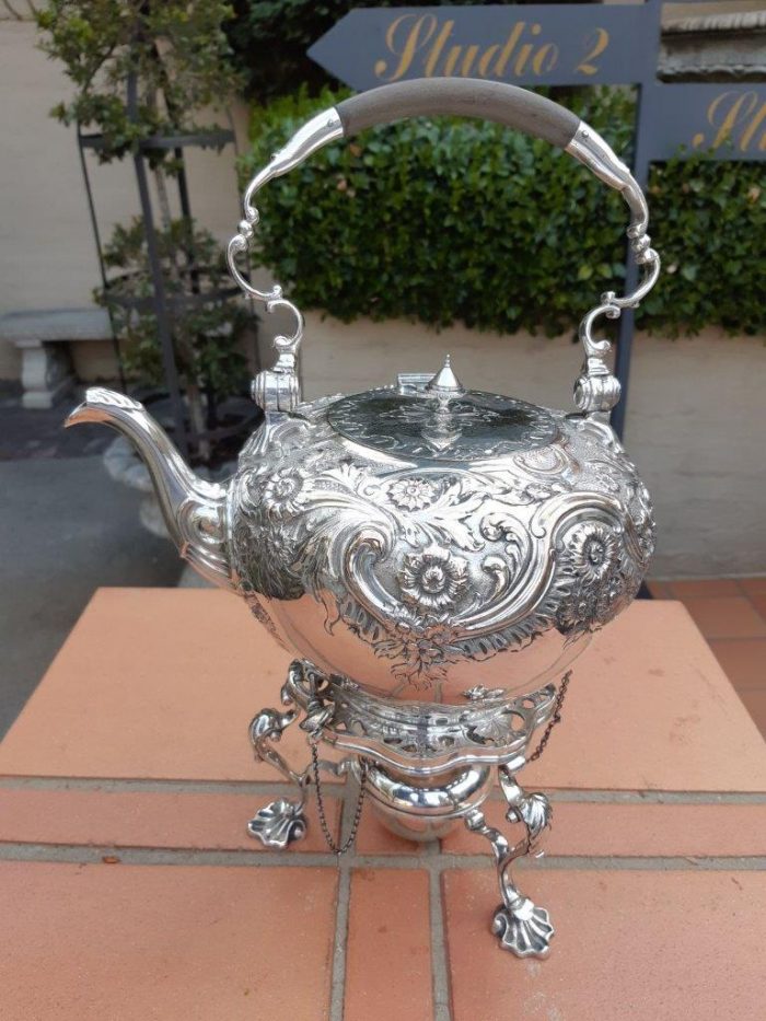 A Victorian silver plate tea kettle on stand with burner - ND