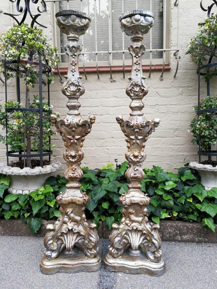 Pair Of Baroque-Style Silvered Wooden Carved Altar Pricket Sticks