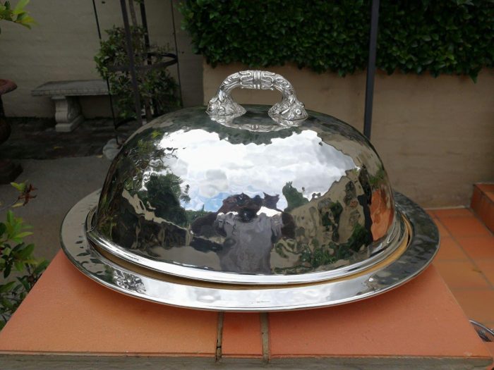 An Italian  Silver Plate Food Dome With Undertray And Wooden Cutting Board