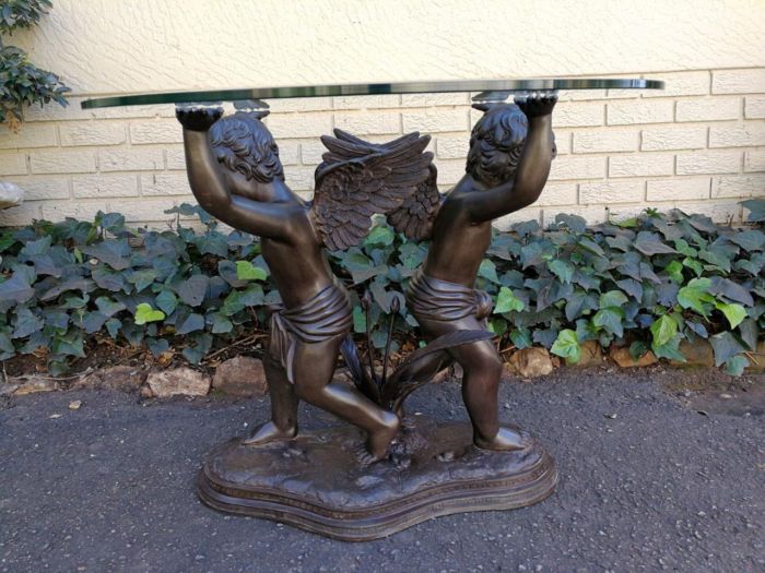 A Large Bronze Cherub Table Base with Glass Top ND - Image 2