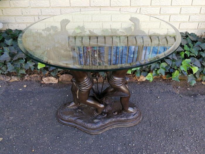 A Large Bronze Cherub Table Base with Glass Top ND - Image 3