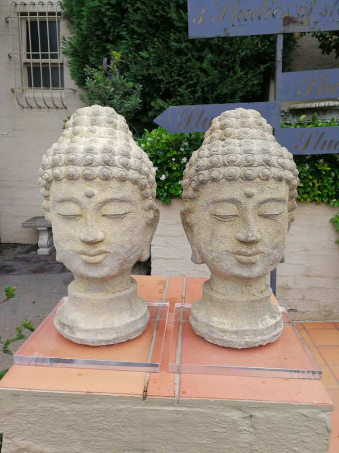 A Pair of 20th Century English Cast Stone Concrete Busts of Buddha On Perspex Bases ND