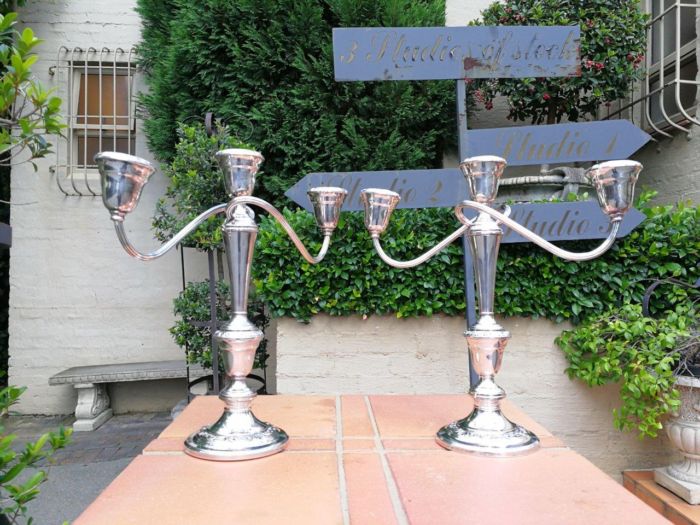 A Pair Of 20th Century Gorham Silver Plate Three Light Candelabras Candle Holders  Convertible Circa 1940