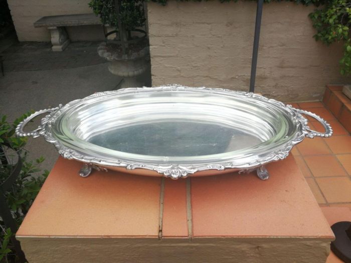 A Large And Heavy Silver Plate Seranco Serving Tray On Feet With Glass Liner