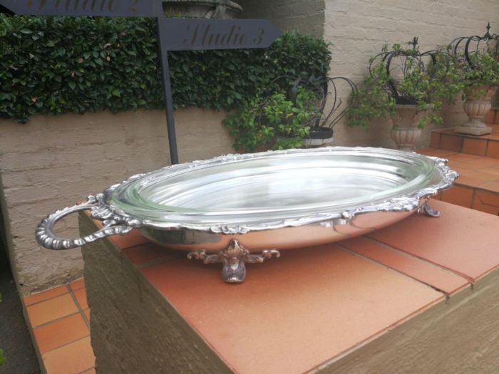 A Large And Heavy Silver Plate Seranco Serving Tray On Feet With Glass Liner - Image 2