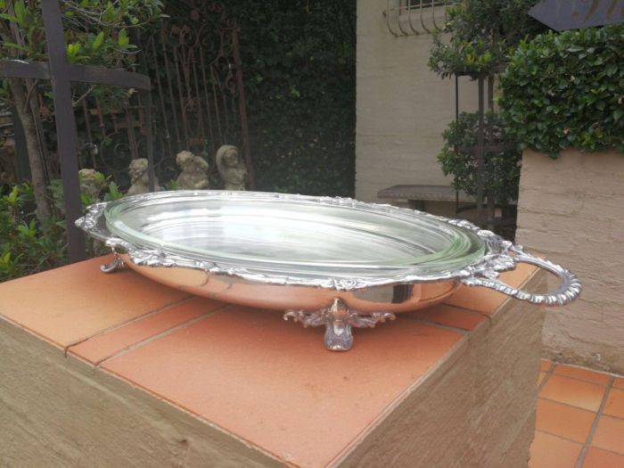 A Large And Heavy Silver Plate Seranco Serving Tray On Feet With Glass Liner - Image 3