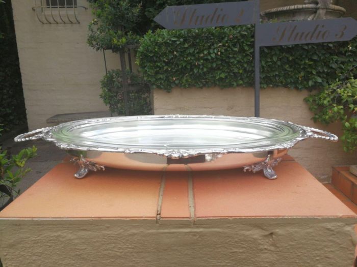 A Large And Heavy Silver Plate Seranco Serving Tray On Feet With Glass Liner - Image 4