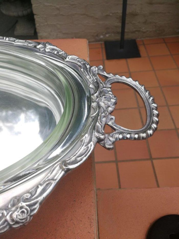 A Large And Heavy Silver Plate Seranco Serving Tray On Feet With Glass Liner - Image 5