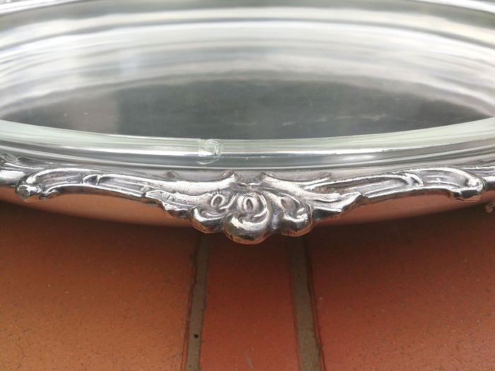 A Large And Heavy Silver Plate Seranco Serving Tray On Feet With Glass Liner - Image 6