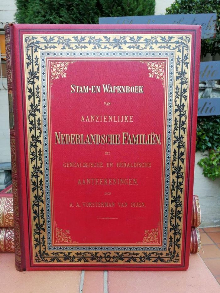 A Set Of Late 19th Century Circa 1885/1890 Extra-Large Size Decorative Books Entitled Stam En Wapenboek Van Aanzienlijke Nederlandsche Familien In Red Hardcovers With Gilt-Lettering And Tooling - Image 4