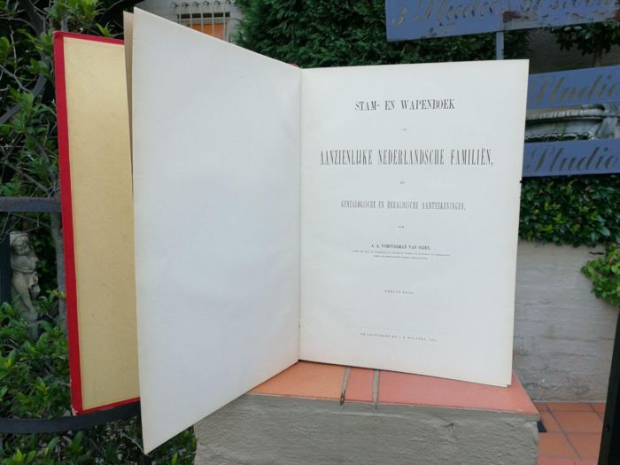 A Set Of Late 19th Century Circa 1885/1890 Extra-Large Size Decorative Books Entitled Stam En Wapenboek Van Aanzienlijke Nederlandsche Familien In Red Hardcovers With Gilt-Lettering And Tooling - Image 5