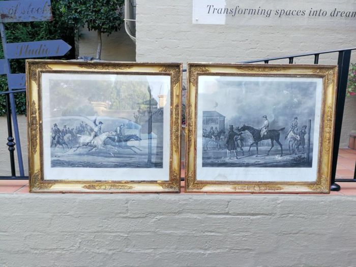 A Pair of Prints In Ornate Giltwood Frames. After Vernet La Course and Preparatifs Dune Course