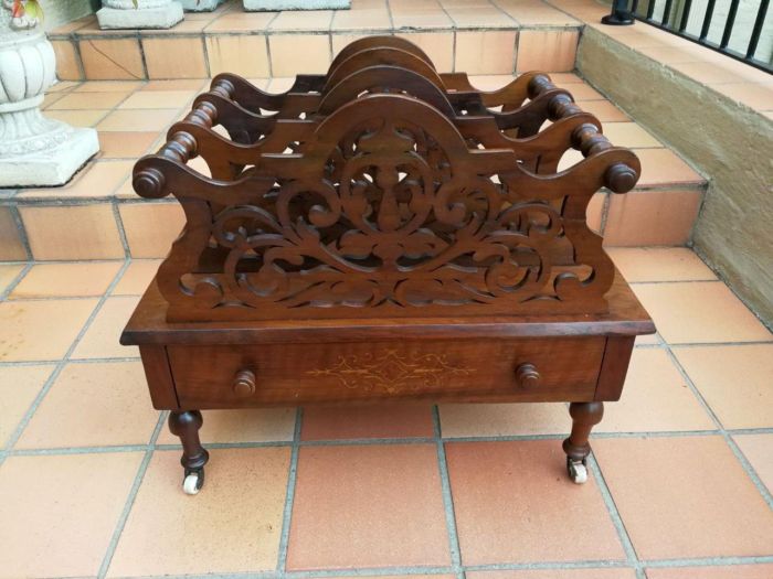 An Edwardian Circa 1905 Mahogany and Inlaid Canterbury with Drawer and on Castors