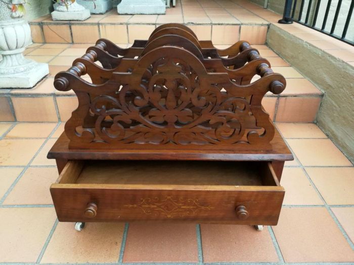 An Edwardian Circa 1905 Mahogany and Inlaid Canterbury with Drawer and on Castors - Image 5