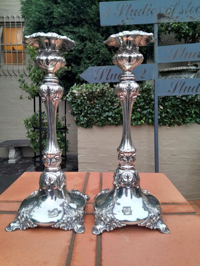 A Pair Of 20th Century Electroplate Candlesticks On Feet  By Van Bergh  Electroplate Candlesticks