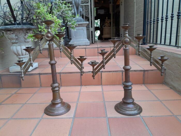 An Antique 20th Century Pair Of Brass  Seven Light Adjustable Alter Candelabras