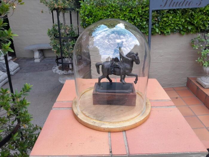 A Bronze Male Figurine On Horseback On Wooden Base In A Glass Cloche - Image 2