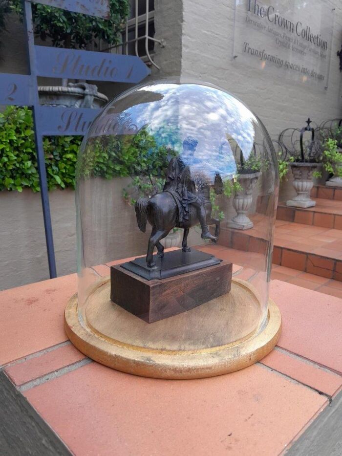 A Bronze Male Figurine On Horseback On Wooden Base In A Glass Cloche - Image 3