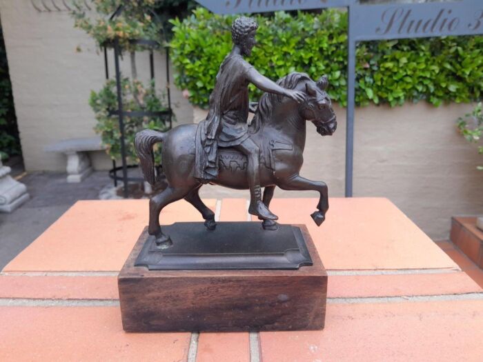 A Bronze Male Figurine On Horseback On Wooden Base In A Glass Cloche - Image 4