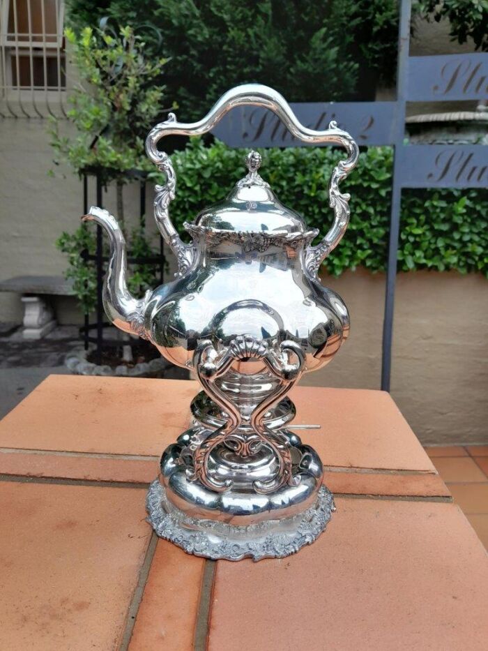 A 20TH Century Silver Plate Kettle on Stand with Burner