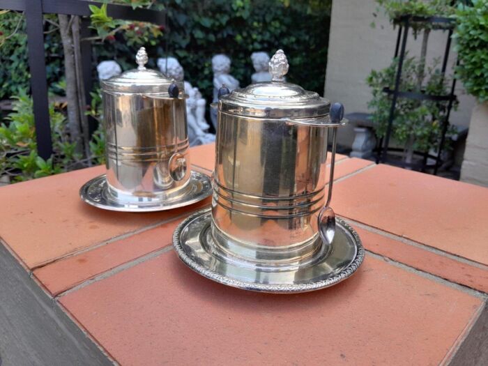 A Rare Pair of Silver Plate Tea Caddies (Regular and Decaf Tea)  each with Two Teaspoons with Removable Inners - Image 2