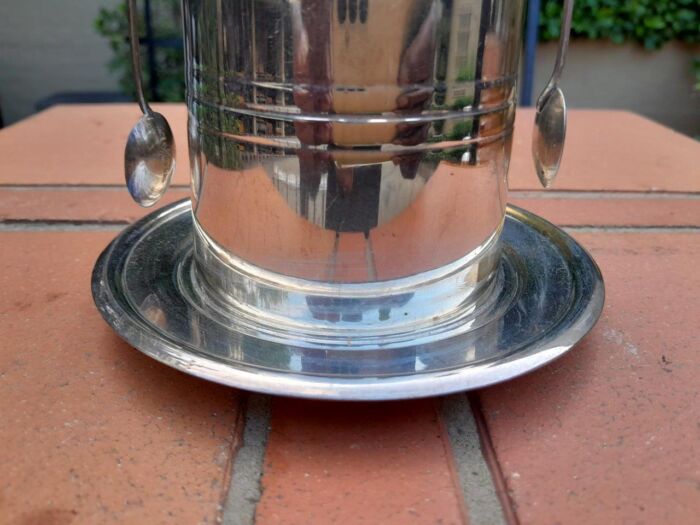 A Rare Pair of Silver Plate Tea Caddies (Regular and Decaf Tea)  each with Two Teaspoons with Removable Inners - Image 6