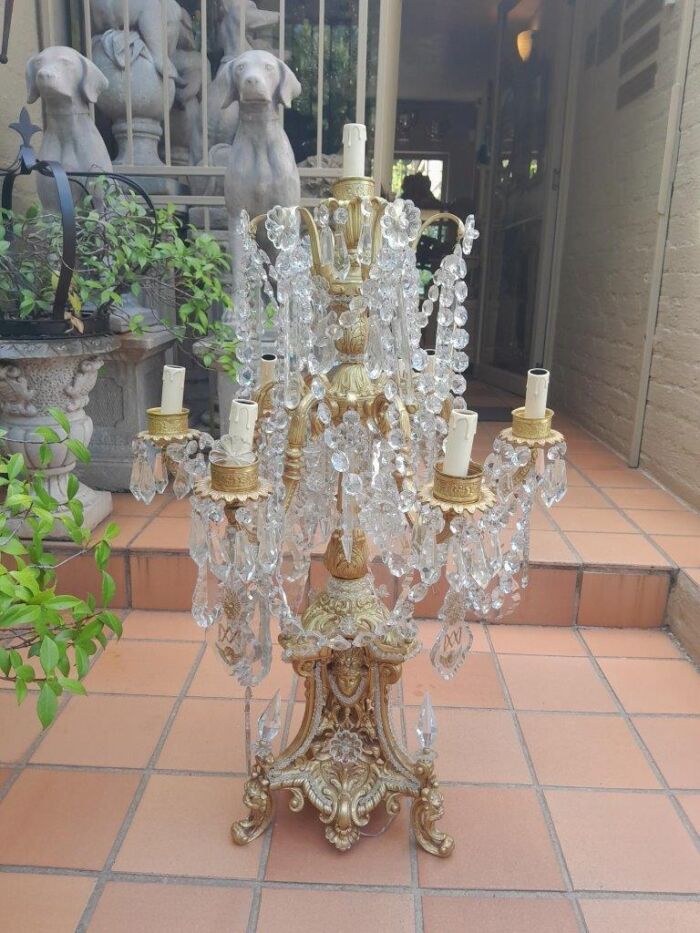 An Heavily Carved And  Ornate Brass & Crystal Electrified Table Lamp