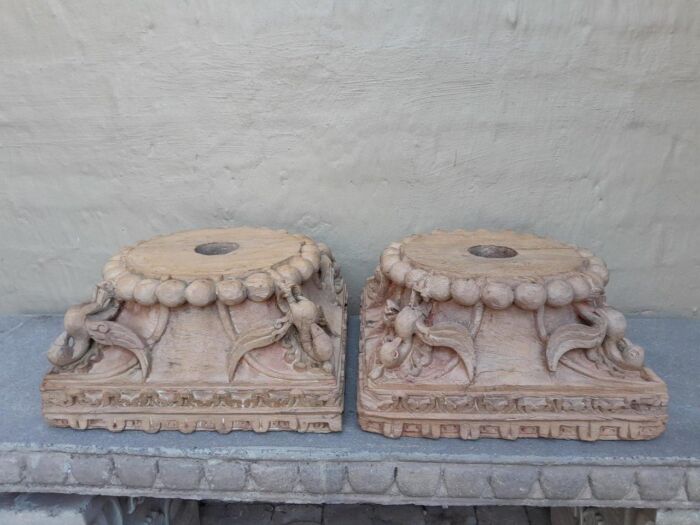 An Antique 19TH Century Pair Of Carved Wooden Teak Capitals