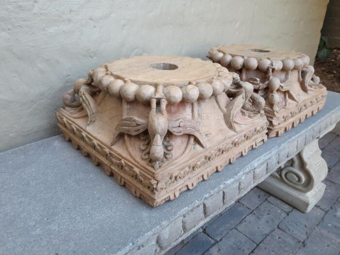 An Antique 19TH Century Pair Of Carved Wooden Teak Capitals - Image 4