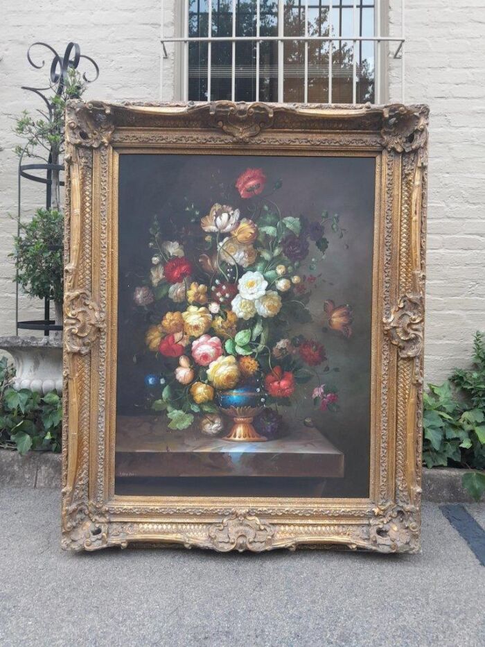 A Large Sized 20th Century Oil on Canvas of Floral Bouqet in an Ornately Gilded Frame Signed by Hellene Nune