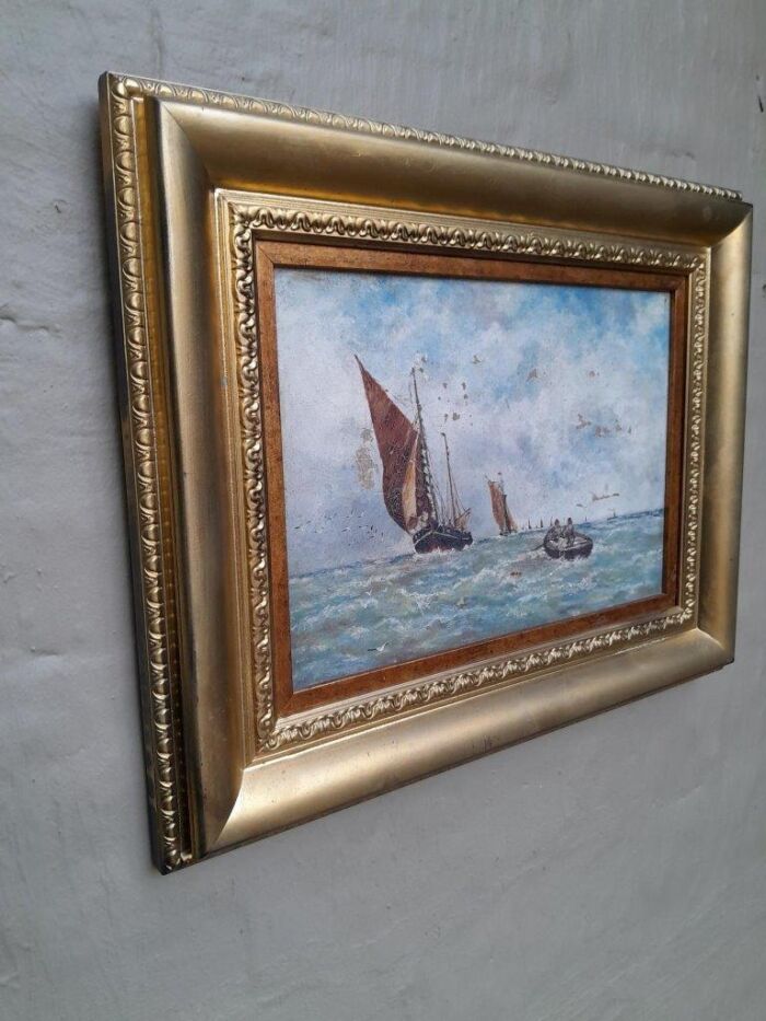 A 20th Century Painting of Ships Oil on Canvas In a Ornately Framed Gilded Frame by Continental School - Image 3