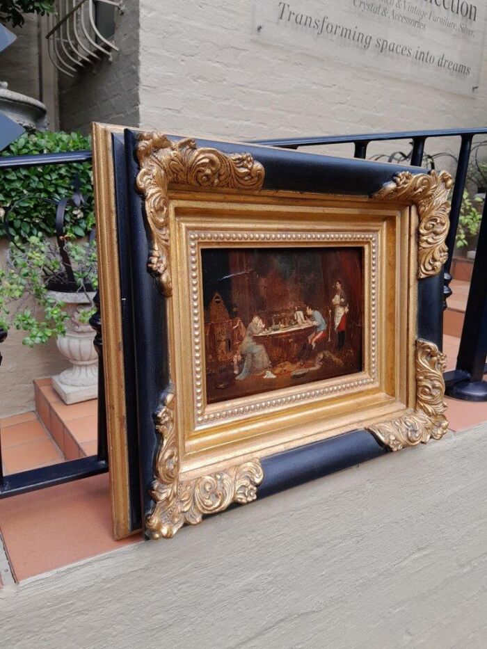 An Oil on Board French Scene of a Woman & Man Dining with Butler serving - Image 2