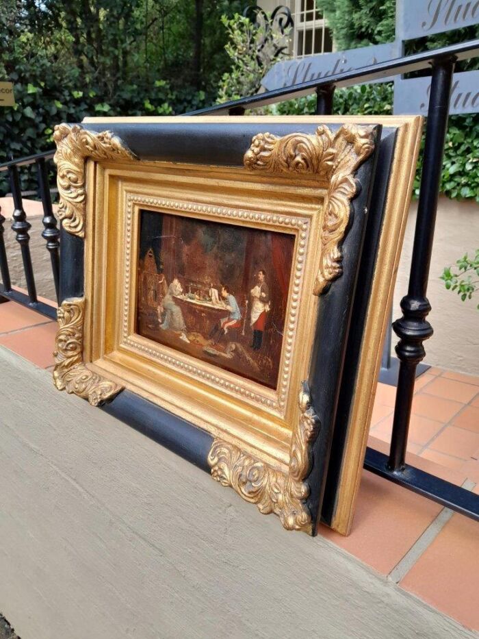 An Oil on Board French Scene of a Woman & Man Dining with Butler serving - Image 3