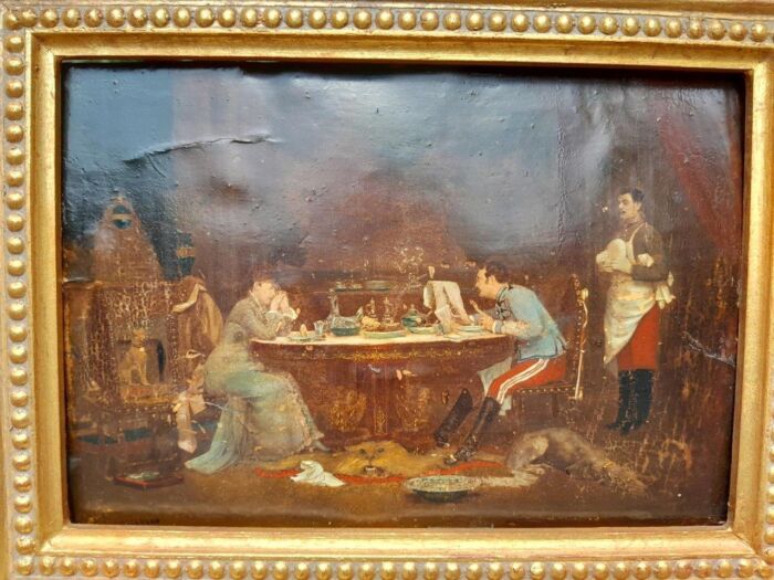 An Oil on Board French Scene of a Woman & Man Dining with Butler serving - Image 5