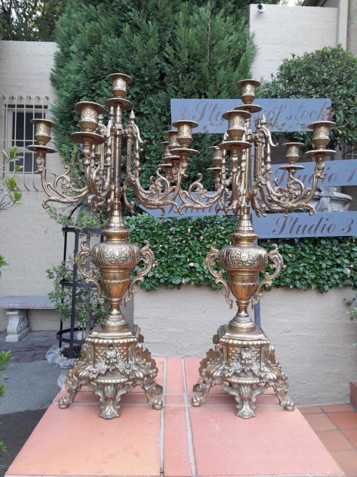 A 20TH Century Pair of Ornate French Style  Brass Candelabras