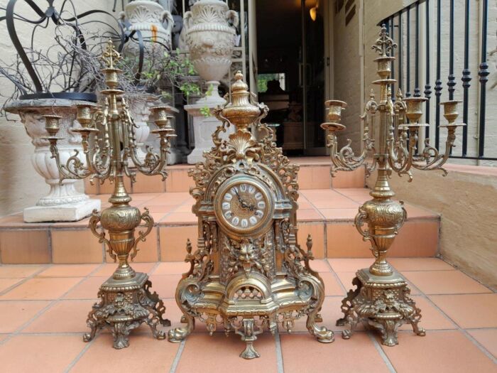 A 20th Century Garniture Set with Clock and Pair of Candelabras With Key