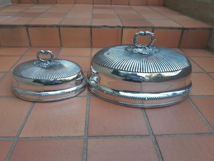 An Antique Near Pair of Two Sheffield EPNS Food Domes 