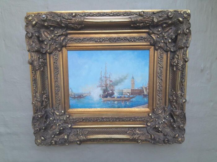 A 20th Century Continental School Oil on Canvas Ship Painting in a Ornately Carved and Gilded Frame - Image 2