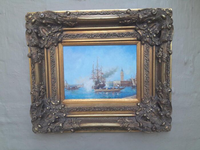 A 20th Century Continental School Oil on Canvas Ship Painting in a Ornately Carved and Gilded Frame - Image 3