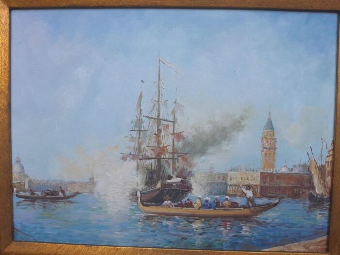 A 20th Century Continental School Oil on Canvas Ship Painting in a Ornately Carved and Gilded Frame - Image 7