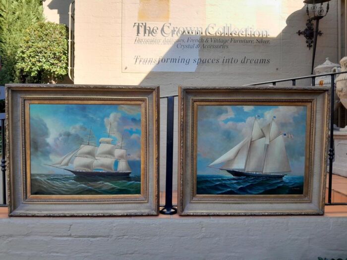 A 20th Century Pair Of Ships Oils On Canvas In Gilded Frames USA 1960s