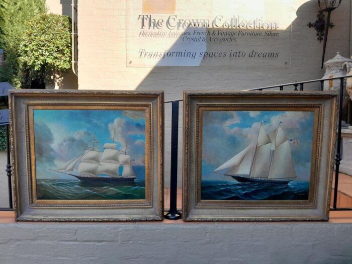 A 20th Century Pair Of Ships Oils On Canvas In Gilded Frames USA 1960s - Image 2