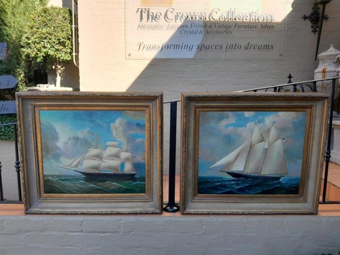 A 20th Century Pair Of Ships Oils On Canvas In Gilded Frames USA 1960s - Image 3