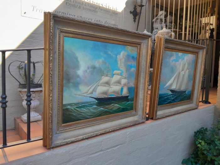 A 20th Century Pair Of Ships Oils On Canvas In Gilded Frames USA 1960s - Image 4