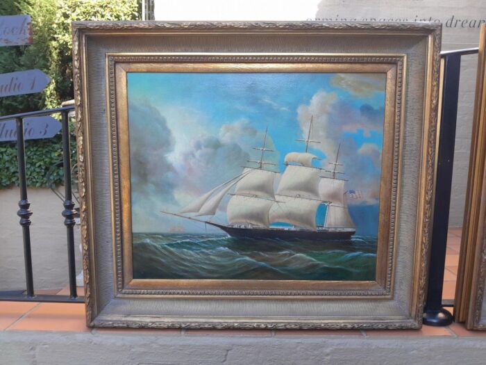 A 20th Century Pair Of Ships Oils On Canvas In Gilded Frames USA 1960s - Image 5