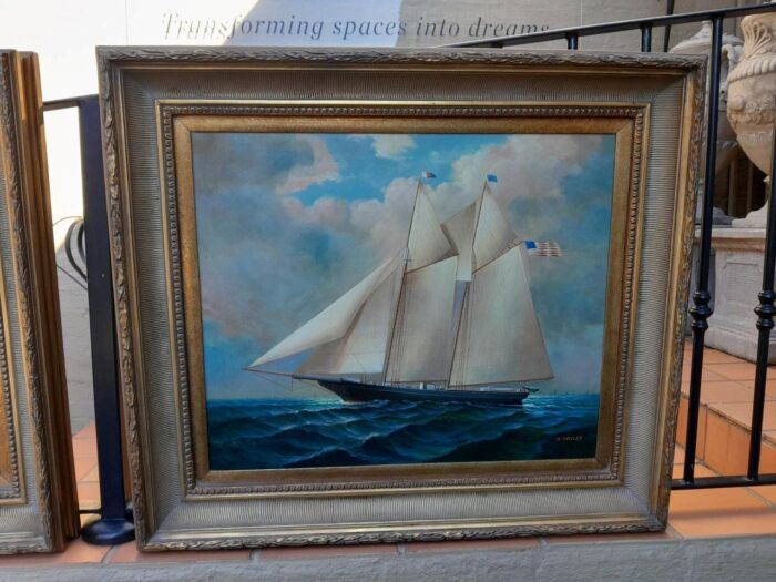 A 20th Century Pair Of Ships Oils On Canvas In Gilded Frames USA 1960s - Image 6